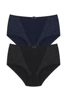 Хлопковые женские трусики больших размеров с высокой талией и кружевом спереди, комплект из 2 предметов HNX, темно-сине-черный