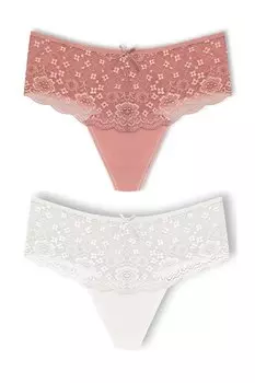 Хлопковые женские трусики-стринги с высокой талией и кружевом спереди, 2 предмета HNX, белый порошок