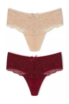Хлопковые женские трусики-стринги с высокой талией и кружевом спереди, 2 предмета HNX, бежево-бордовый красный