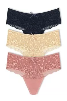 Хлопковые женские трусики-стринги с высокой талией и кружевом спереди, 3 предмета HNX, бежево-пудровый