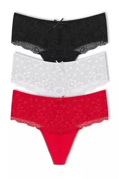 Хлопковые женские трусики-стринги с высокой талией и кружевом спереди, 3 предмета HNX, черно-белый