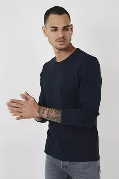 Хлопковый базовый свитшот Slim Fit с круглым вырезом 5905073 Buratti, темно-синий