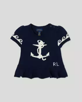 Хлопковый девичий свитер с короткими рукавами Polo Ralph Lauren, тёмно-синий