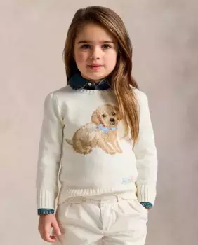 Хлопковый девичий свитер с собакой Polo Ralph Lauren, белый