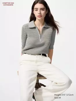 Хлопковый джемпер-поло с короткими рукавами и открытой молнией Uniqlo, серый