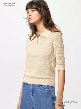 Хлопковый джемпер-поло с короткими рукавами и открытой молнией Uniqlo, белый