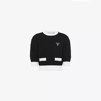 Хлопковый джемпер с круглой горловиной и фирменной вышивкой Prada, черный