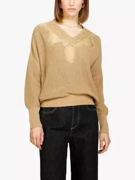 Хлопковый джемпер с кружевной отделкой SISLEY, бежевый