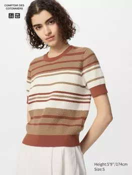 Хлопковый джемпер с принтом попкорна (короткий рукав, полоска) Uniqlo, оранжевый