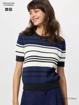 Хлопковый джемпер с принтом попкорна (короткий рукав, полоска) Uniqlo, синий