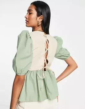 Хлопковый халат с цветными блоками и шнуровкой сзади ASOS DESIGN бежевого и хаки