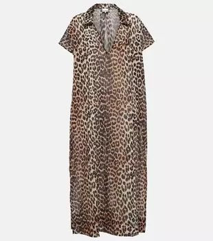 Хлопковый кафтан с леопардовым принтом GANNI, разноцветный