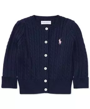 Хлопковый кардиган косой вязки для маленьких девочек Polo Ralph Lauren, синий