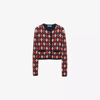 Хлопковый кардиган с длинными рукавами и узором «Аргайл» Prada, синий