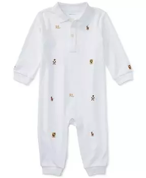 Хлопковый комбинезон-поло с вышивкой для маленьких мальчиков Polo Ralph Lauren, белый