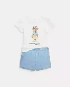 Хлопковый комплект для девочки с мишкой-поло Polo Ralph Lauren, цвет Crudo
