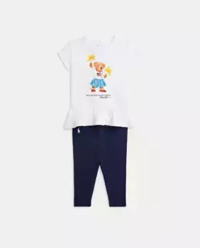 Хлопковый комплект для девочки с мишкой-поло Polo Ralph Lauren, белый