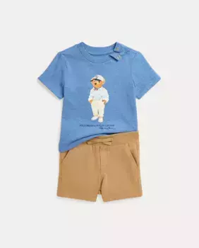 Хлопковый комплект для мальчика с мишкой-поло Polo Ralph Lauren, синий