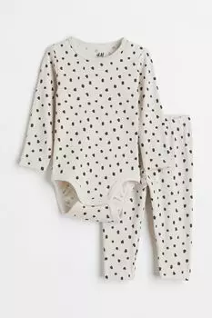 Хлопковый комплект в полоску H&amp;M, светло-бежевый/горошек