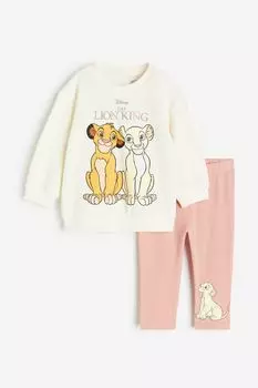 Хлопковый костюм H&M The Lion King 2-piece Printed, кремовый/розовый