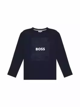 Хлопковый лонгслив с принтом BOSS, тёмно-синий