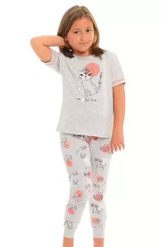 Хлопковый пижамный комплект для девочек с короткими рукавами и узором на ногах LITTLE FROG KIDS, серый