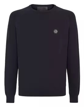 Хлопковый пуловер с круглым вырезом LS Philipp Plein, темно-синий