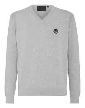Хлопковый пуловер с V-образным вырезом LS Philipp Plein, серый