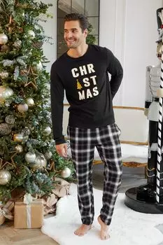 Хлопковый рождественский пижамный комплект с длинными рукавами в клетку Threadbare, черный
