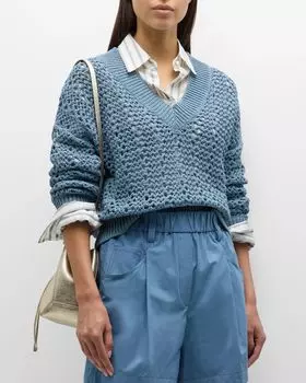 Хлопковый свитер ажурной вязки Brunello Cucinelli, цвет C9704 Artic Blue