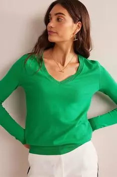Хлопковый свитер Catriona с V-образным вырезом Boden, зеленый