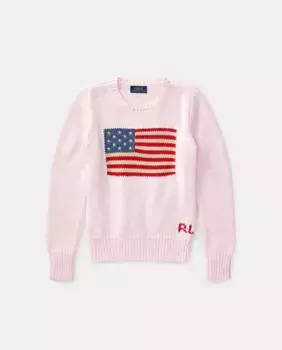 Хлопковый свитер для девочки с флагом США Polo Ralph Lauren, розовый