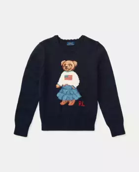 Хлопковый свитер для девочки с мишкой-поло Polo Ralph Lauren, темно-синий