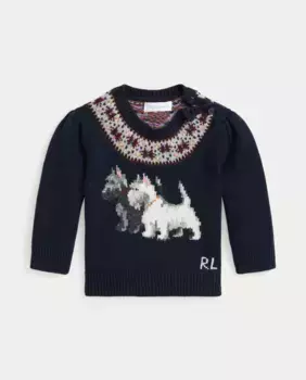 Хлопковый свитер для девочки с терьерами Polo Ralph Lauren, темно-синий