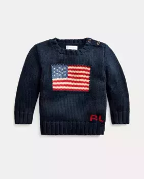Хлопковый свитер для мальчика с флагом США Polo Ralph Lauren, темно-синий