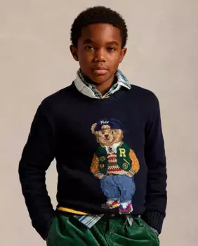 Хлопковый свитер для мальчика с мишкой-поло Polo Ralph Lauren, темно-синий