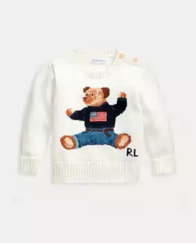 Хлопковый свитер для мальчика с мишкой-поло Polo Ralph Lauren, белый