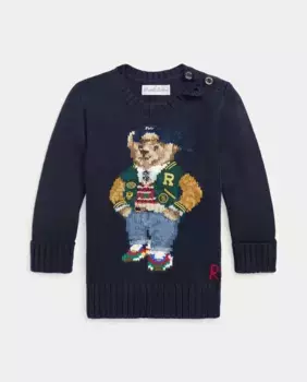 Хлопковый свитер для мальчика с мишкой-поло Polo Ralph Lauren, темно-синий