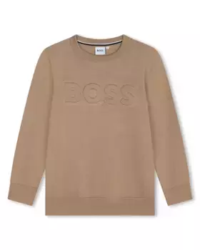 Хлопковый свитер для мальчика с соответствующим логотипом спереди BOSS Kidswear, светло-коричневый