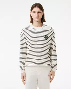 Хлопковый свитер Lacoste с круглым вырезом, значком и полосатым узором Lacoste, белый