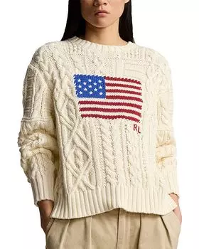 Хлопковый свитер с интарсией и аранским флагом Ralph Lauren, слоновая кость/кремовый