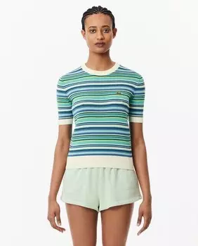 Хлопковый свитер с короткими рукавами и полосатым узором Lacoste, белый