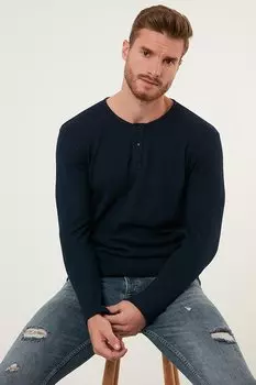 Хлопковый свитер с круглым вырезом на пуговицах 5905070 Buratti, темно-синий