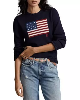 Хлопковый свитер с круглым вырезом Polo Ralph Lauren с американским флагом, синий