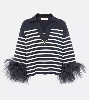 Хлопковый свитер с отделкой из перьев VGold Valentino, цвет navy/avorio