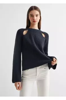 Хлопковый свитер с разрезами по бокам Mango, темно-синий