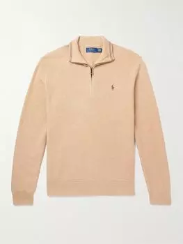Хлопковый свитер с вышитым логотипом и сотовой вязкой на половину молнии POLO RALPH LAUREN, песочный