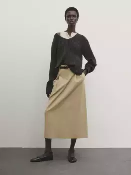 Хлопковый свитер в рубчик с v-образным вырезом Massimo Dutti, черный