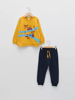 Хлопковый свитшот для маленьких мальчиков с круглым вырезом и длинными рукавами с принтом и брюки-джоггеры, комплект из 2 предметов LCW baby