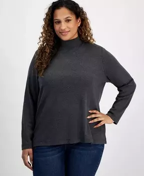 Хлопковый топ больших размеров с воротником-стойкой и длинными рукавами Style & Co, серый